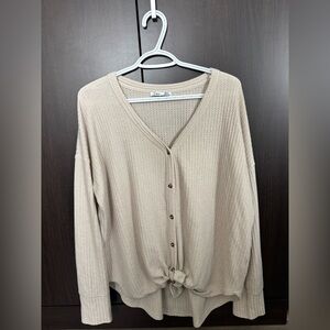 Dex Light Beige Waffle Knit Button-Front Top with Tie Hem